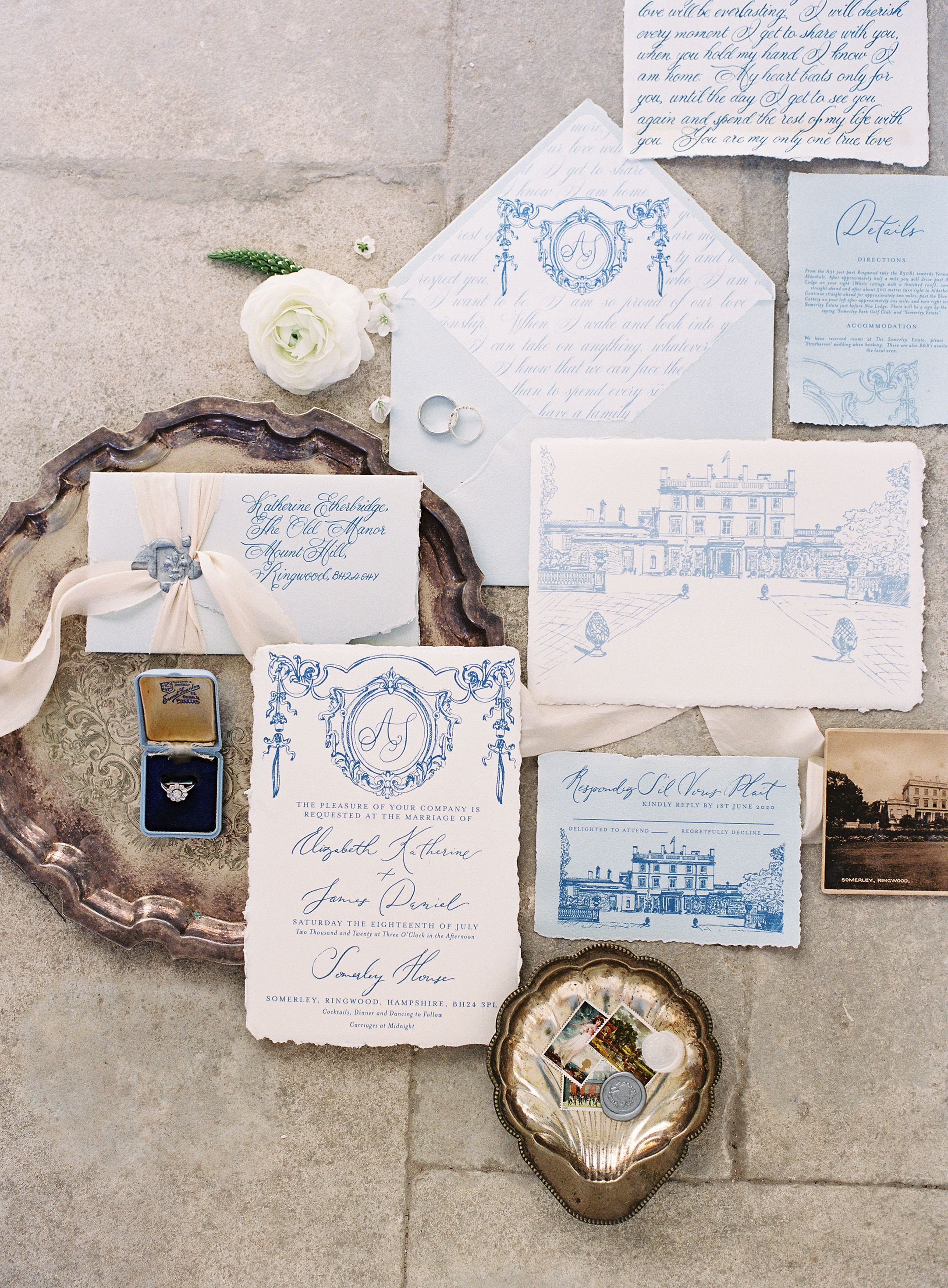 Fine Art Calligraphy wedding stationery suite for Somerley House on handmade paper with deckled edges. Photo by Camilla Arnhold